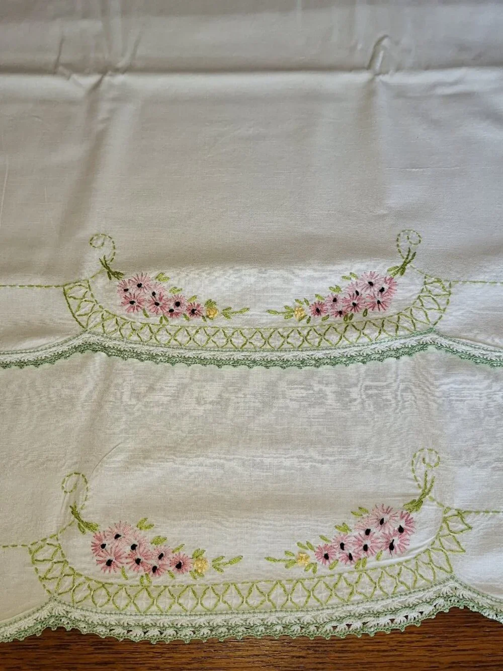 Embroidered Pillow Cases Pink Flowers & Green